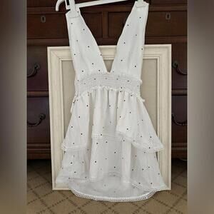 superdown white halter w black polka dot dress w double ruffle skirt S